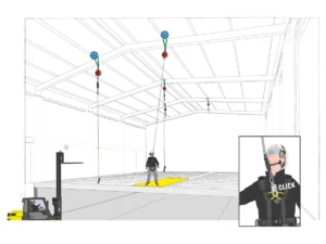 Planche de mode opératoire : vue d'ensemble du poste et connexion de l'antichute au point d'accrochage du harnais
