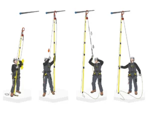 Planche de mode opératoire : mise en place d'un antichute à rappel automatique à la perche, depuis le sol