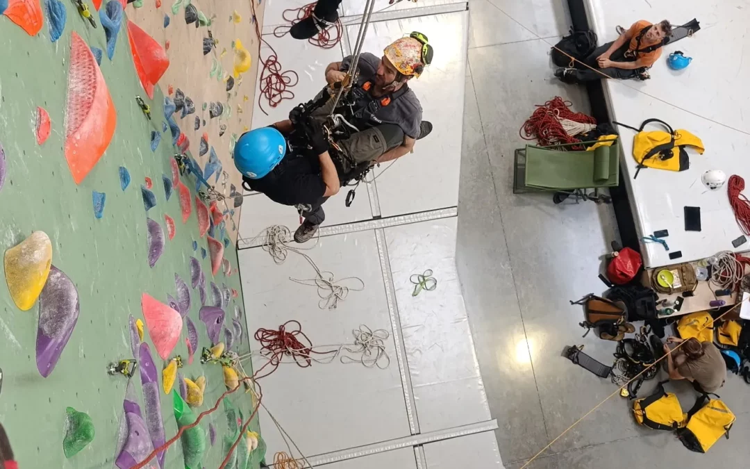 Cordistes en progression sur le mur d’escalade pendant la session Compagnons Cordistes Région, vue plongeante